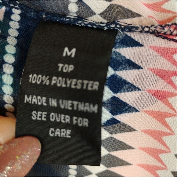 AGB Sheer Blouse Top Meduim Geometric Design Vneck Pink Yellow Green Blue White - Picture 6 of 16